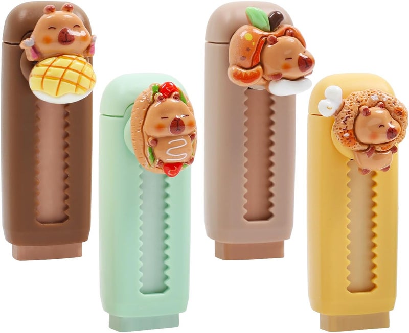 NEPOG Capybara Retractable Erasers, 4 Pcs Cute Capy Rubber, Push-Pull Rubber Eraser, Food Capybara Design Erasers for Boys Girls Students Capybara School Office Supply Stationery - Image 1